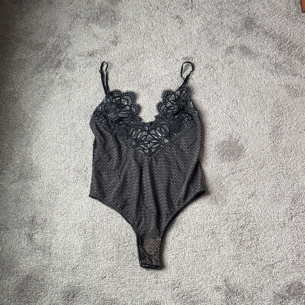 Victoria's Secret Black Lace Teddy Size L Sheer Bodysuit Spaghetti Strap
